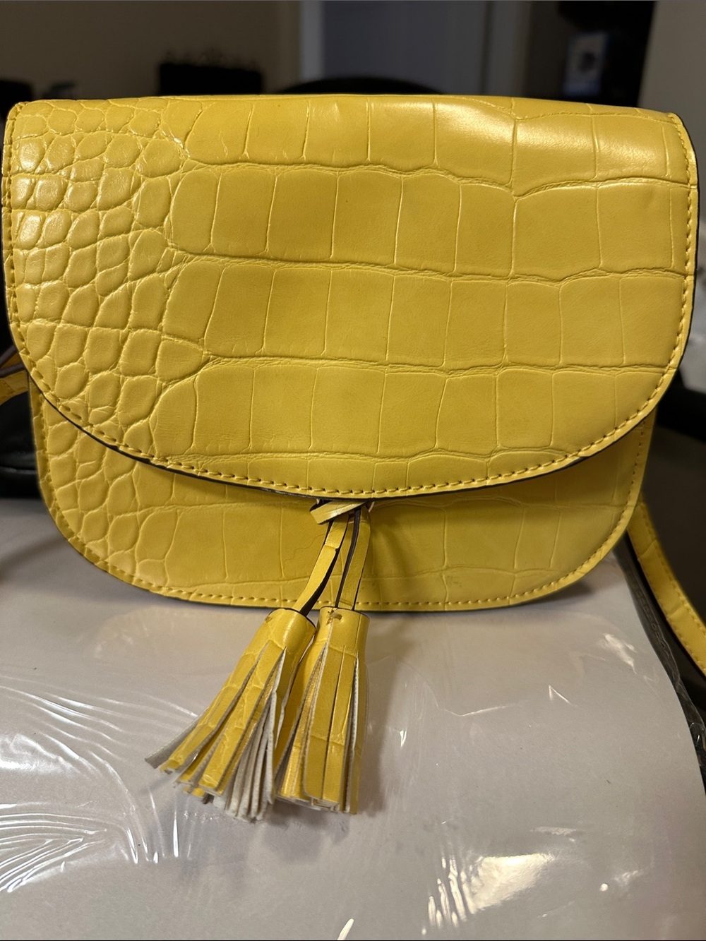 Yellow Croc-Embossed Tassel Crossbody Bag - Women